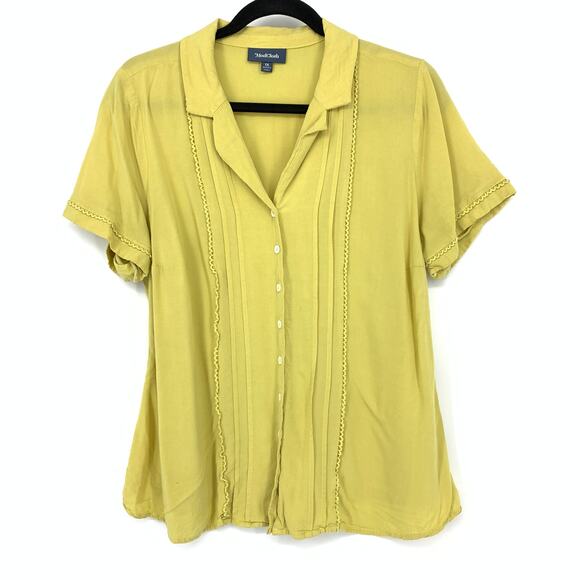 ModCloth Short Sleeve Button Front Shirt Womens Sz 1X Yellow Pintuck Blouse - Picture 1 of 5